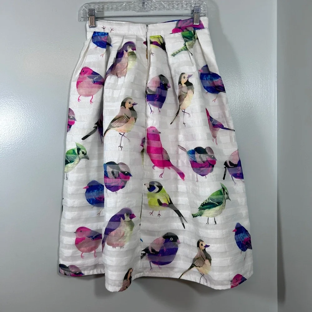 Chicwish White Bird Print Pleated Midi Skirt Small Colorful Whimsical A-Line